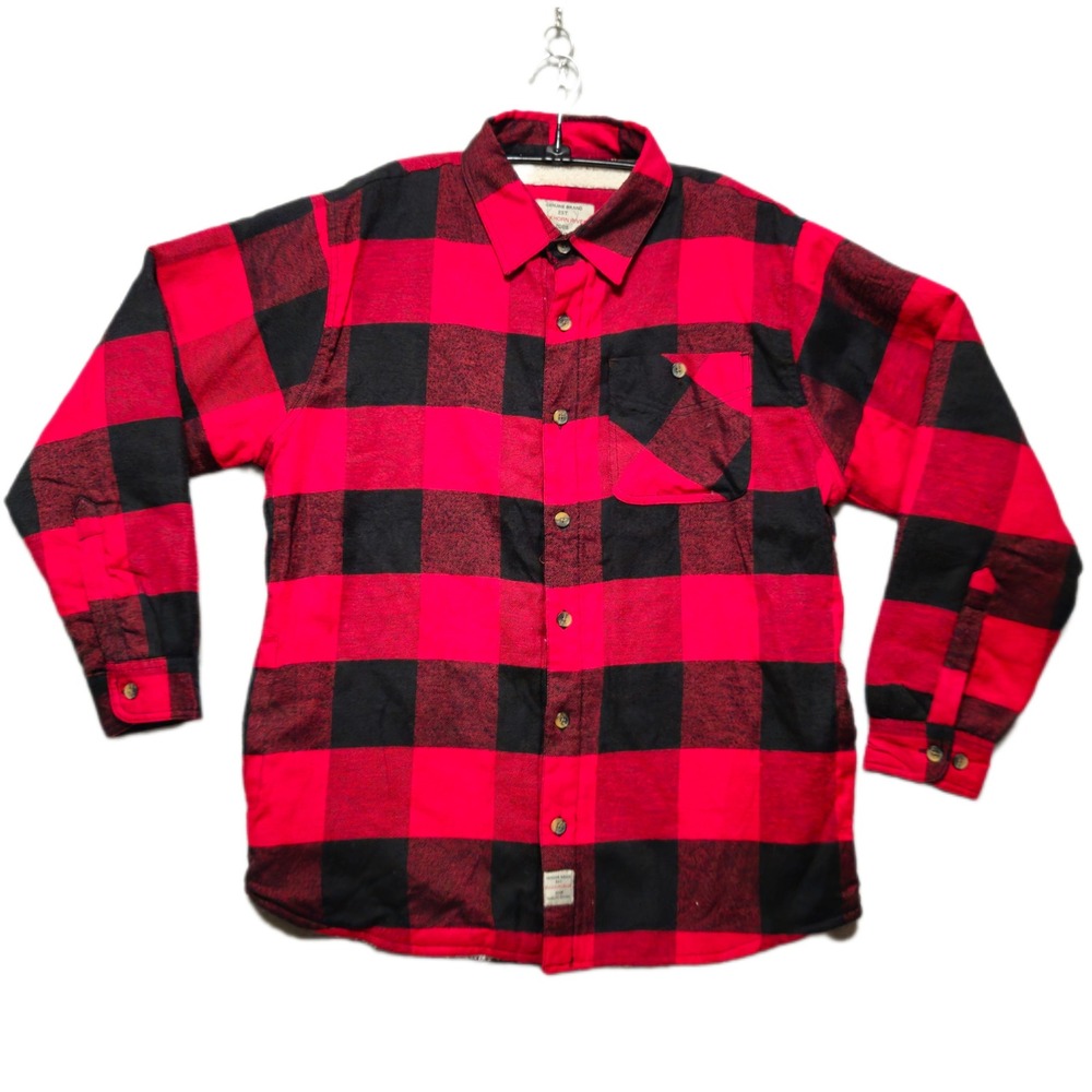 BUCKHORN RIVER Mens Large Red Black Buffalo Plaid Button Up Sherpa Lined Shacket